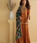 Rust zari embroidery sequins beads & printed chinnon straight sharara suit- free size stitched(size upto 42")