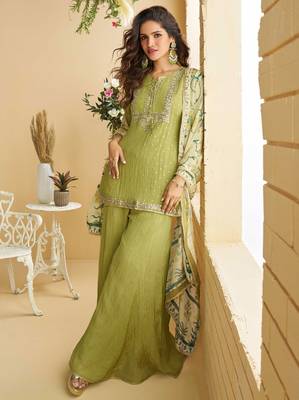 Green zari embroidery , sequins , beads & printed chinnon straight sharara suit- free size stitched(size upto 42") 1