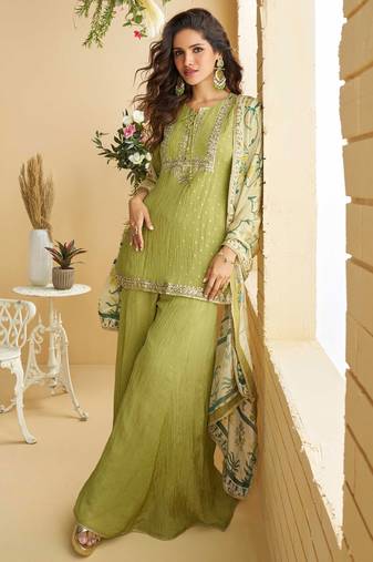 Green zari embroidery , sequins , beads & printed chinnon straight sharara suit- free size stitched(size upto 42")