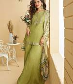 Green zari embroidery , sequins , beads & printed chinnon straight sharara suit- free size stitched(size upto 42")