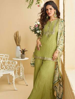 Green zari embroidery , sequins , beads & printed chinnon straight sharara suit- free size stitched(size upto 42") 2