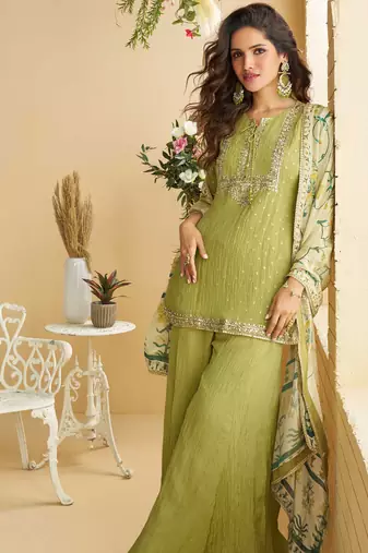 Green zari embroidery , sequins , beads & printed chinnon straight sharara suit- free size stitched(size upto 42")