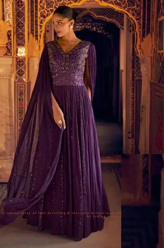Purple embroidery  , sequins & moti georgette gown pant suit- free size stitched(size upto 42")