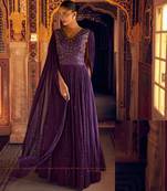 Purple embroidery  sequins & moti georgette gown pant suit- free size stitched(size upto 42")