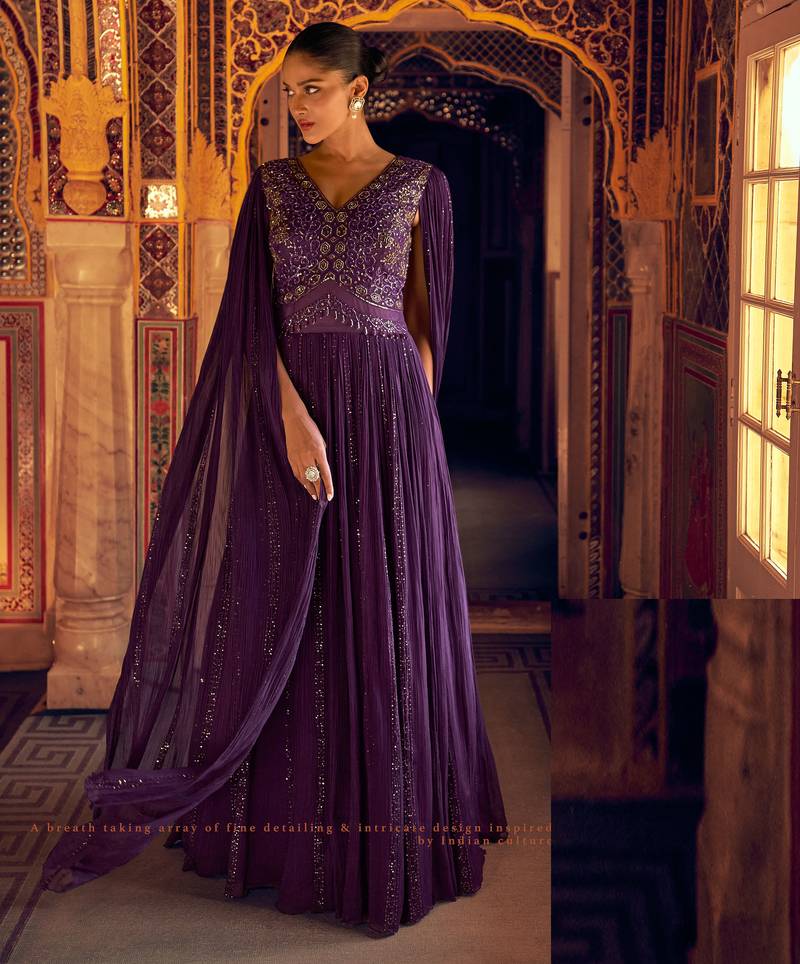 Purple embroidery  , sequins & moti georgette gown pant suit- free size stitched(size upto 42")