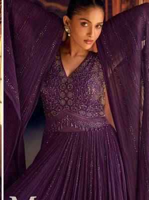 Purple embroidery  sequins & moti georgette gown pant suit- free size stitched(size upto 42") 2