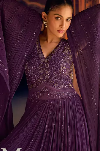Purple embroidery  sequins & moti georgette gown pant suit- free size stitched(size upto 42")