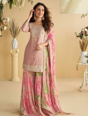 Pink zari embroidery , sequins , beads & printed chinnon straight sharara suit- free size stitched(size upto 42") 1