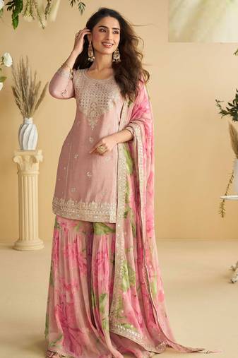 Pink zari embroidery , sequins , beads & printed chinnon straight sharara suit- free size stitched(size upto 42")