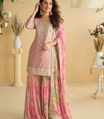 Pink zari embroidery , sequins , beads & printed chinnon straight sharara suit- free size stitched(size upto 42")