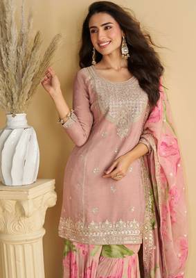 Pink zari embroidery , sequins , beads & printed chinnon straight sharara suit- free size stitched(size upto 42") 2
