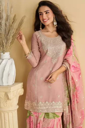 Pink zari embroidery , sequins , beads & printed chinnon straight sharara suit- free size stitched(size upto 42")