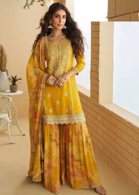 Mustard zari embroidery , sequins , beads & printed chinnon straight sharara suit- free size stitched(size upto 42") 1