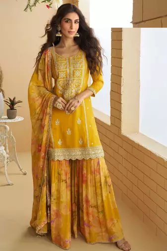 Mustard zari embroidery , sequins , beads & printed chinnon straight sharara suit- free size stitched(size upto 42")