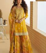 Mustard zari embroidery , sequins , beads & printed chinnon straight sharara suit- free size stitched(size upto 42")