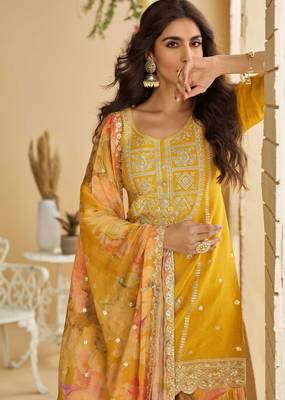 Mustard zari embroidery , sequins , beads & printed chinnon straight sharara suit- free size stitched(size upto 42") 2