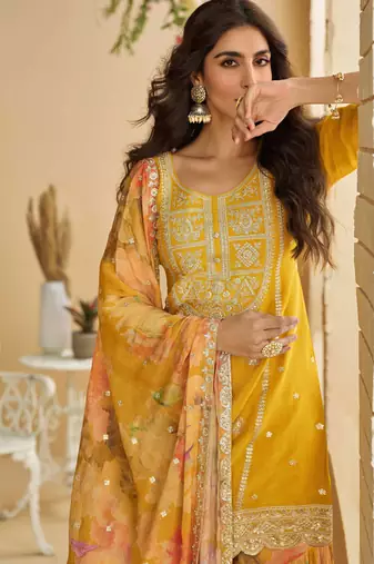 Mustard zari embroidery , sequins , beads & printed chinnon straight sharara suit- free size stitched(size upto 42")