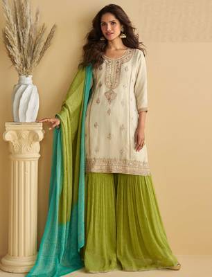 Off white zari embroidery sequins beads & printed chinnon straight sharara suit- free size stitched(size upto 42") 1