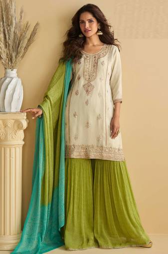Off white zari embroidery , sequins , beads & printed chinnon straight sharara suit- free size stitched(size upto 42")