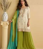 Off white zari embroidery sequins beads & printed chinnon straight sharara suit- free size stitched(size upto 42")