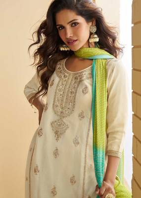 Off white zari embroidery sequins beads & printed chinnon straight sharara suit- free size stitched(size upto 42") 2