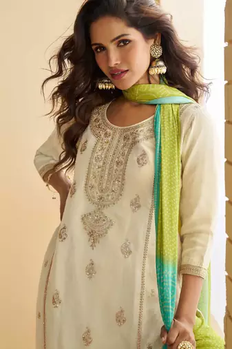 Off white zari embroidery sequins beads & printed chinnon straight sharara suit- free size stitched(size upto 42")