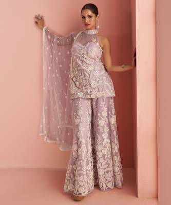 Lilac embroidery sequins & beads net straight palazzo suit- free size stitched(size upto 42") 1