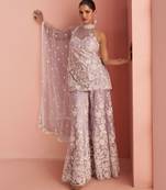 Lilac embroidery sequins & beads net straight palazzo suit- free size stitched(size upto 42")