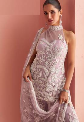 Lilac embroidery sequins & beads net straight palazzo suit- free size stitched(size upto 42") 2