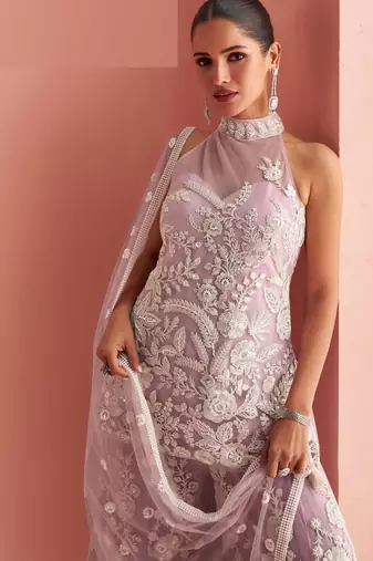 Lilac embroidery sequins & beads net straight palazzo suit- free size stitched(size upto 42")