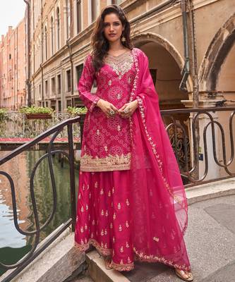 Rani pink embroidery sequins & digital printed chinnon silk straight palazzo suit- free size stitched(size upto 42") 1
