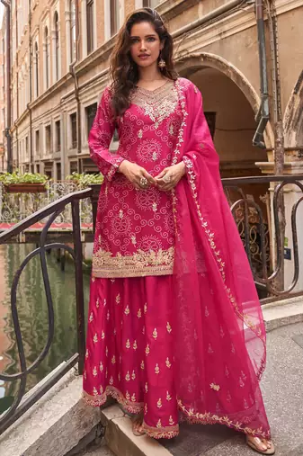 Rani pink embroidery  sequins & digital printed chinnon silk straight palazzo suit- free size stitched(size upto 42")