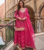 Rani pink embroidery sequins & digital printed chinnon silk straight palazzo suit- free size stitched(size upto 42")