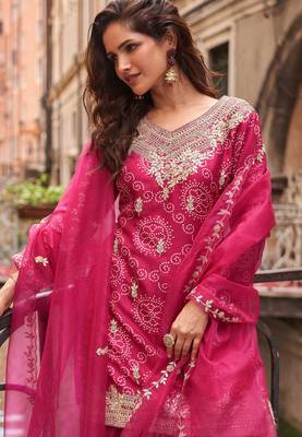 Rani pink embroidery sequins & digital printed chinnon silk straight palazzo suit- free size stitched(size upto 42") 2