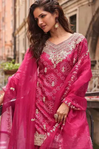Rani pink embroidery sequins & digital printed chinnon silk straight palazzo suit- free size stitched(size upto 42")