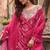 Rani pink embroidery  sequins & digital printed chinnon silk straight palazzo suit- free size stitched(size upto 42")