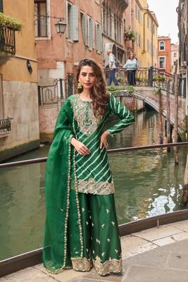 Green zari embroidery sequins & digital printed chinnon silk straight palazzo suit- free size stitched(size upto 42") 1