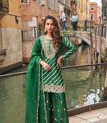 Green zari embroidery sequins & digital printed chinnon silk straight palazzo suit- free size stitched(size upto 42")