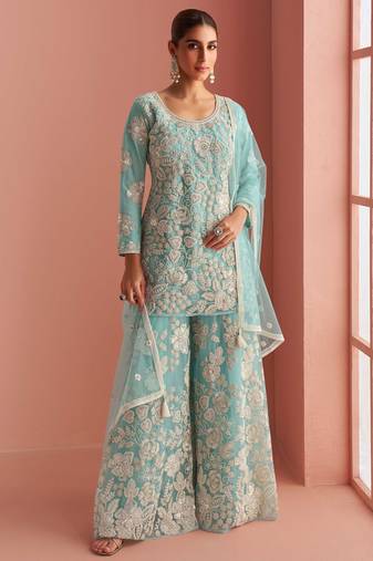 Blue embroidery , sequins & beads net straight palazzo suit- free size stitched(size upto 42")