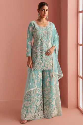 Blue embroidery sequins & beads net straight palazzo suit- free size stitched(size upto 42")