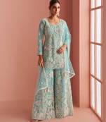 Blue embroidery sequins & beads net straight palazzo suit- free size stitched(size upto 42")