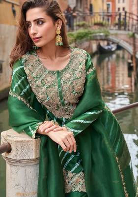 Green zari embroidery sequins & digital printed chinnon silk straight palazzo suit- free size stitched(size upto 42") 2