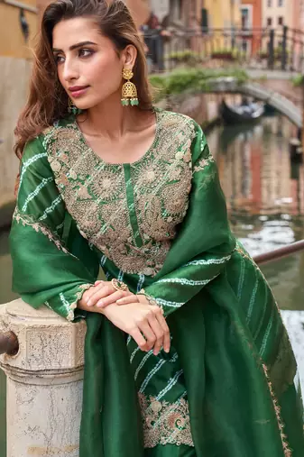 Green zari embroidery sequins & digital printed chinnon silk straight palazzo suit- free size stitched(size upto 42")