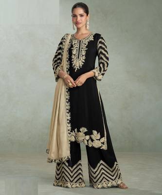 Black zari embroidery , sequins chinnon silk straight pant suit- free size stitched(size upto 42") 1
