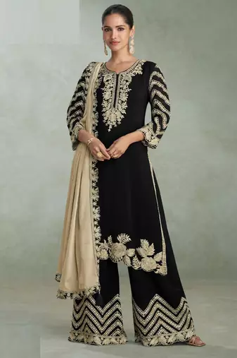 Black zari embroidery , sequins chinnon silk straight pant suit- free size stitched(size upto 42")