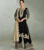 Black zari embroidery , sequins chinnon silk straight pant suit- free size stitched(size upto 42")