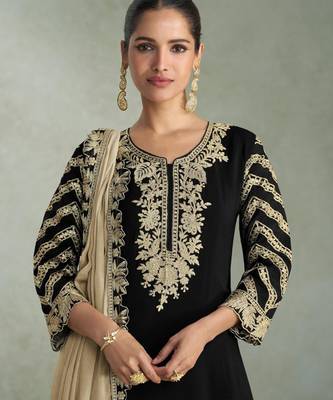 Black zari embroidery , sequins chinnon silk straight pant suit- free size stitched(size upto 42") 2