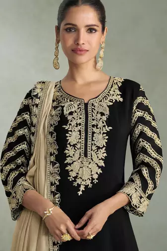 Black zari embroidery , sequins chinnon silk straight pant suit- free size stitched(size upto 42")