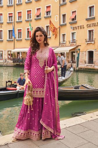 Pink zari embroidery  sequins & digital printed chinnon silk straight palazzo suit- free size stitched(size upto 42")