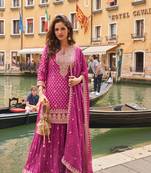 Pink zari embroidery sequins & digital printed chinnon silk straight palazzo suit-Full stitched free size